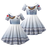 Manu Samoa Rugby Custom White Family Matching Off Shoulder Short Dress and Hawaiian Shirt ʻIe Toga Pattern With Brown Ula fala LT7 Daughter's Dress White - Polynesian Pride