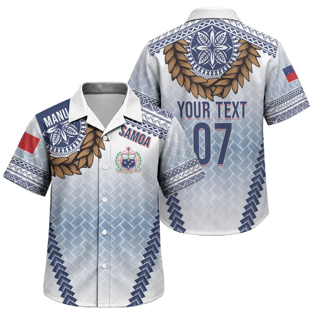 Manu Samoa Rugby Custom White Family Matching Off Shoulder Short Dress and Hawaiian Shirt ʻIe Toga Pattern With Brown Ula fala LT7 Son's Shirt White - Polynesian Pride