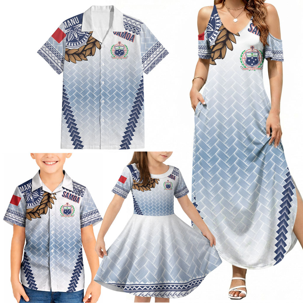 Manu Samoa Rugby Custom White Family Matching Summer Maxi Dress and Hawaiian Shirt ʻIe Toga Pattern With Brown Ula fala LT7 - Polynesian Pride