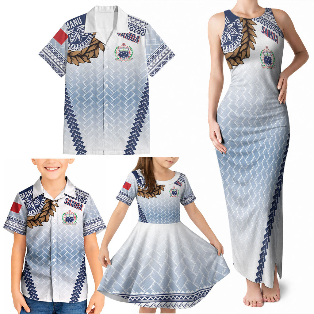 Manu Samoa Rugby Custom White Family Matching Tank Maxi Dress and Hawaiian Shirt ʻIe Toga Pattern With Brown Ula fala LT7 - Polynesian Pride