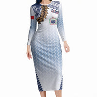 Manu Samoa Rugby Custom White Long Sleeve Bodycon Dress ʻIe Toga Pattern With Brown Ula fala LT7 Long Dress White - Polynesian Pride
