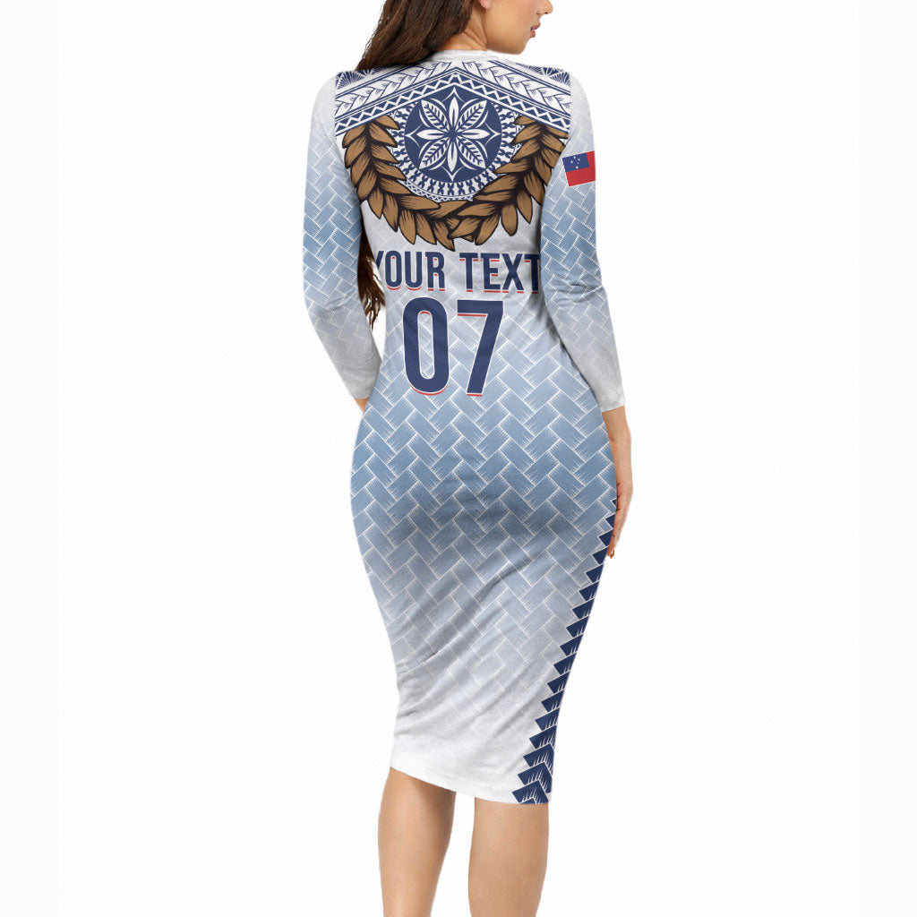 Manu Samoa Rugby Custom White Long Sleeve Bodycon Dress ʻIe Toga Pattern With Brown Ula fala LT7 - Polynesian Pride