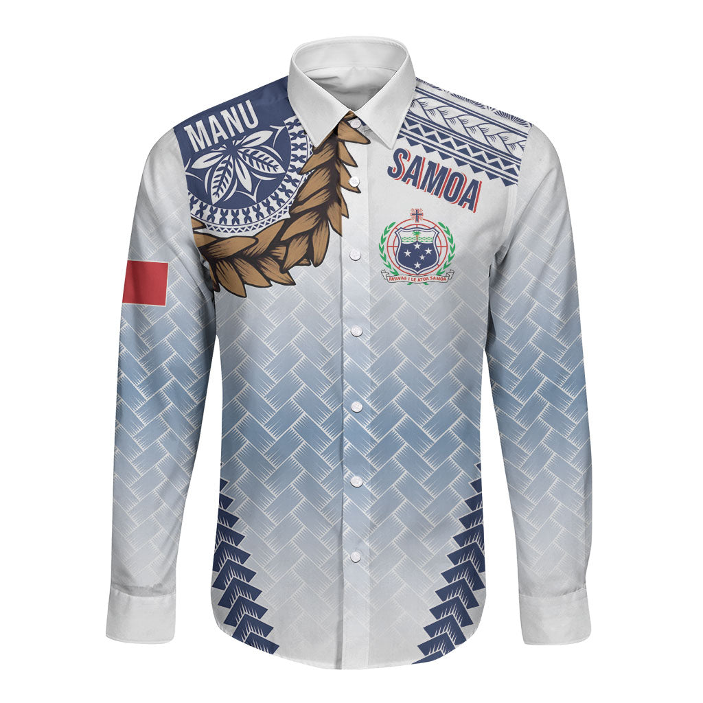 Manu Samoa Rugby Custom White Long Sleeve Button Shirt ʻIe Toga Pattern With Brown Ula fala LT7 Unisex White - Polynesian Pride