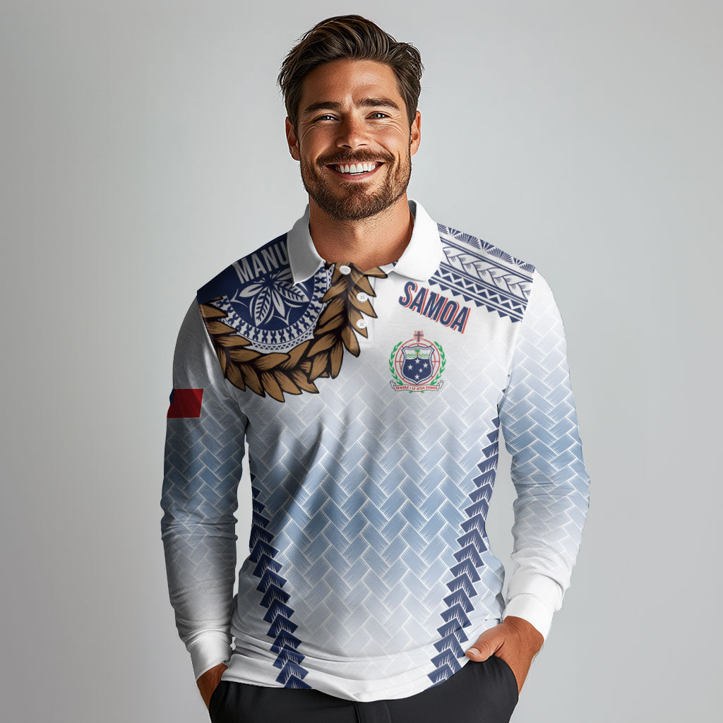 Manu Samoa Rugby Custom White Long Sleeve Polo Shirt ʻIe Toga Pattern With Brown Ula fala LT7 - Polynesian Pride
