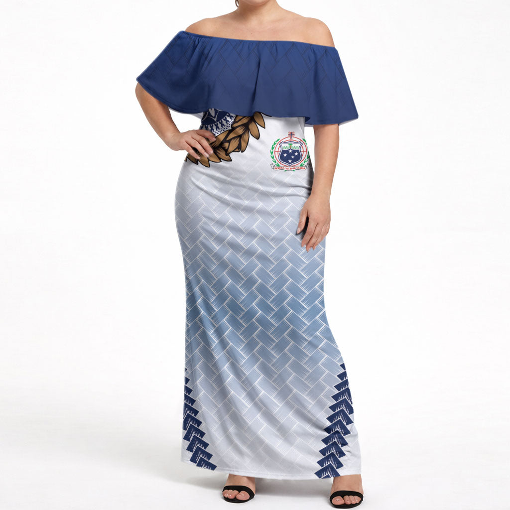 Manu Samoa Rugby Custom White Off Shoulder Maxi Dress ʻIe Toga Pattern With Brown Ula fala LT7 Women White - Polynesian Pride