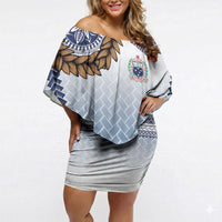 Manu Samoa Rugby Custom White Off Shoulder Short Dress ʻIe Toga Pattern With Brown Ula fala LT7 Women White - Polynesian Pride
