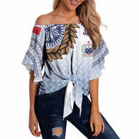 Manu Samoa Rugby Custom White Off Shoulder Wrap Waist Top ʻIe Toga Pattern With Brown Ula fala LT7 White - Polynesian Pride