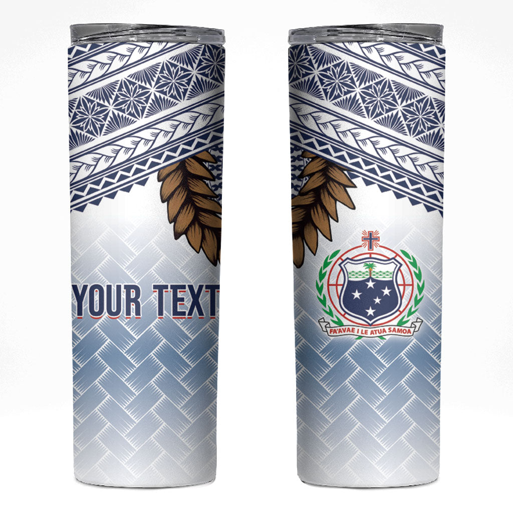 Manu Samoa Rugby Custom White Skinny Tumbler ʻIe Toga Pattern With Brown Ula fala LT7 White - Polynesian Pride