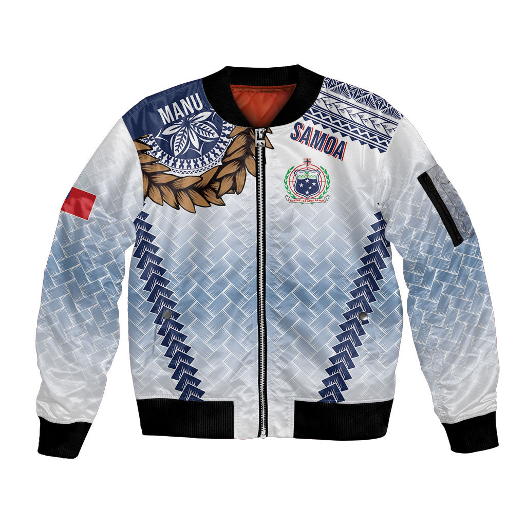 Manu Samoa Rugby Custom White Sleeve Zip Bomber Jacket ʻIe Toga Pattern With Brown Ula fala LT7 Unisex White - Polynesian Pride