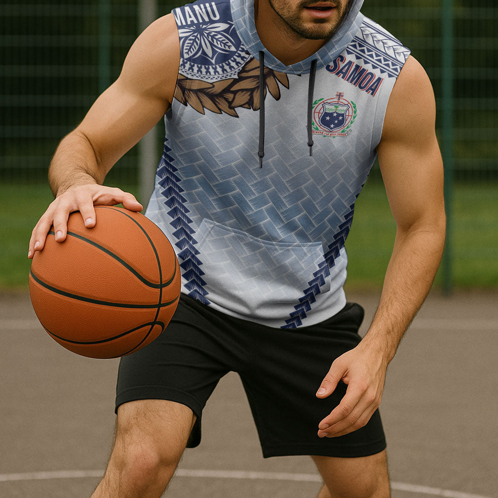 Manu Samoa Rugby Custom White Sleeveless Hoodie ʻIe Toga Pattern With Brown Ula fala LT7 - Polynesian Pride