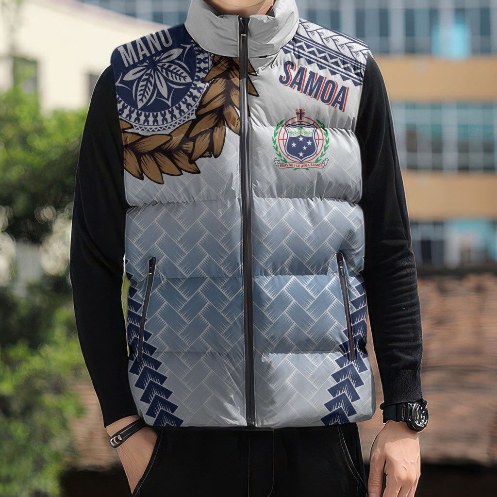 Manu Samoa Rugby Custom White Sleeveless Puffer Jacket ʻIe Toga Pattern With Brown Ula fala LT7 - Polynesian Pride