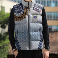 Manu Samoa Rugby Custom White Sleeveless Puffer Jacket ʻIe Toga Pattern With Brown Ula fala LT7 - Polynesian Pride