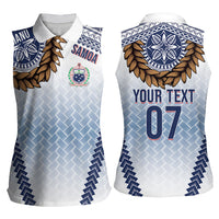 Manu Samoa Rugby Custom White Women Sleeveless Polo Shirt ʻIe Toga Pattern With Brown Ula fala LT7 - Polynesian Pride