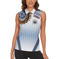 Manu Samoa Rugby Custom White Women Sleeveless Polo Shirt ʻIe Toga Pattern With Brown Ula fala LT7 - Polynesian Pride