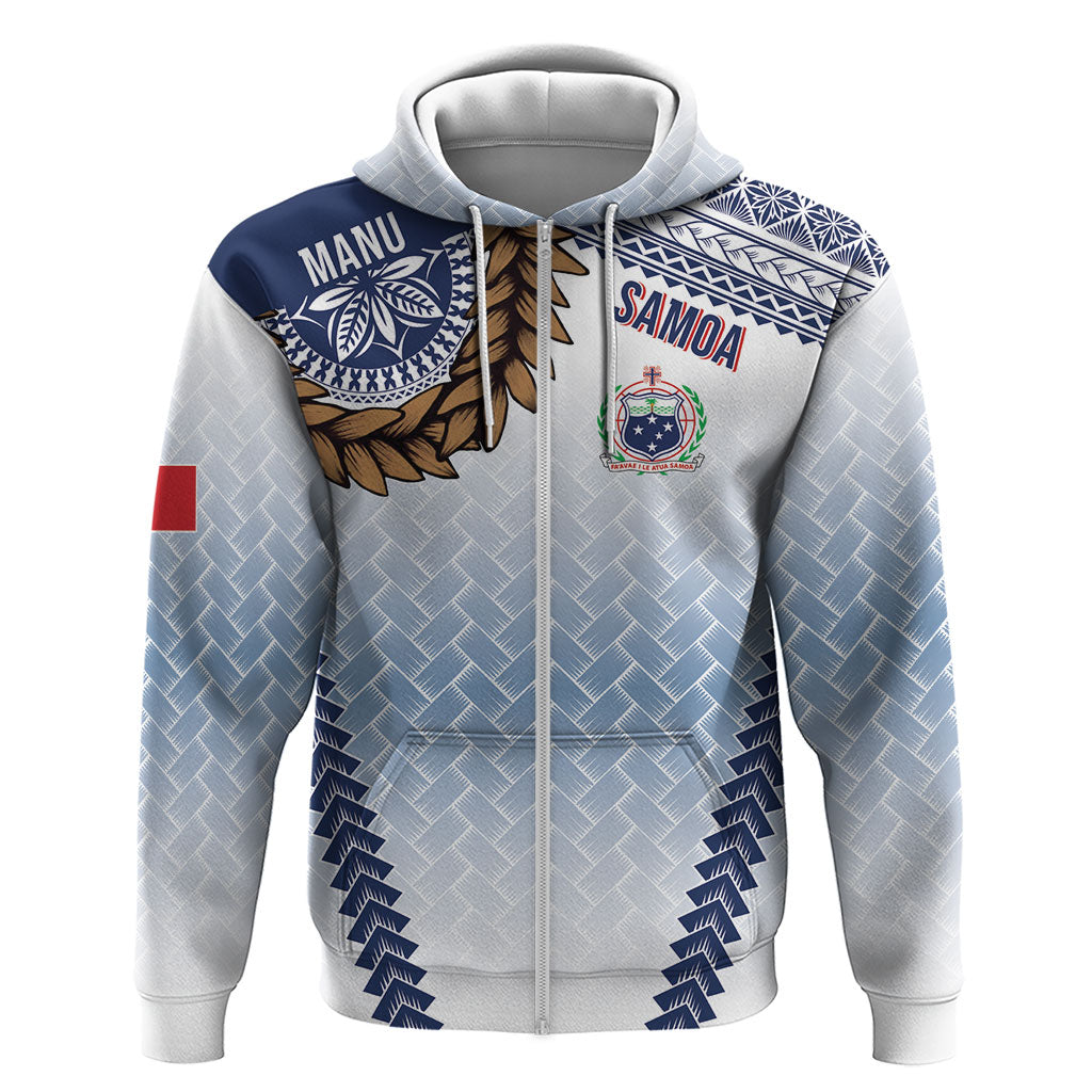 Manu Samoa Rugby Custom White Zip Hoodie ʻIe Toga Pattern With Brown Ula fala LT7 Zip Hoodie White - Polynesian Pride