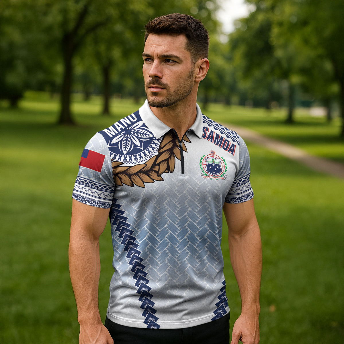 Manu Samoa Rugby Custom White Zipper Polo Shirt ʻIe Toga Pattern With Brown Ula fala LT7 - Polynesian Pride