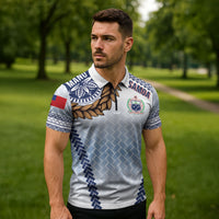 Manu Samoa Rugby Custom White Zipper Polo Shirt ʻIe Toga Pattern With Brown Ula fala LT7 - Polynesian Pride
