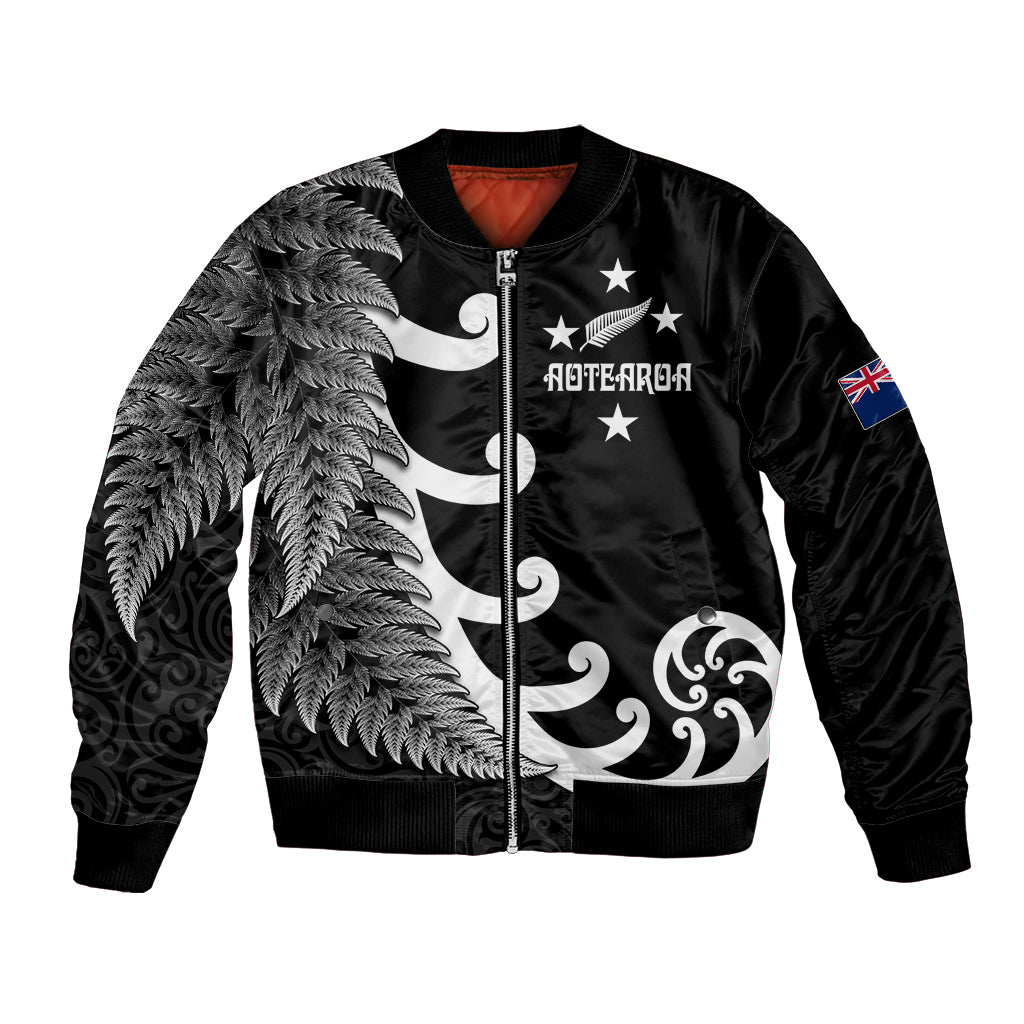 Personalised New Zealand Rugby Bomber Jacket Aotearoa Silver Fern Koru Maori Style LT7 Unisex Black - Polynesian Pride