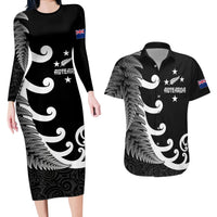 Personalised New Zealand Rugby Couples Matching Long Sleeve Bodycon Dress and Hawaiian Shirt Aotearoa Silver Fern Koru Maori Style LT7 Black - Polynesian Pride