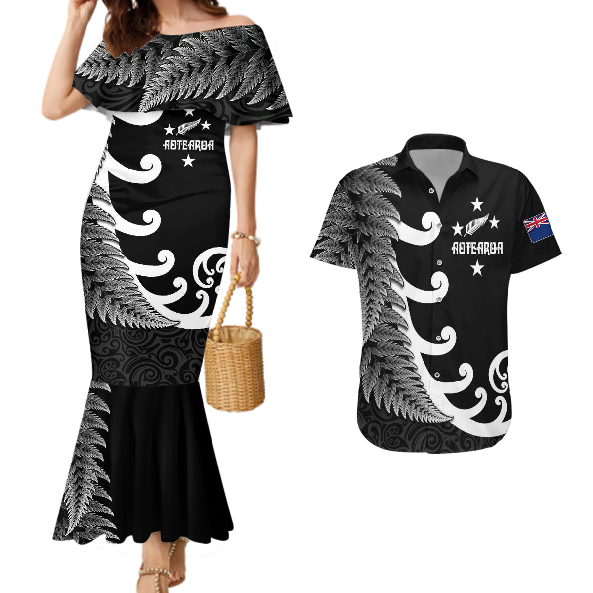 Personalised New Zealand Rugby Couples Matching Mermaid Dress and Hawaiian Shirt Aotearoa Silver Fern Koru Maori Style LT7 Black - Polynesian Pride