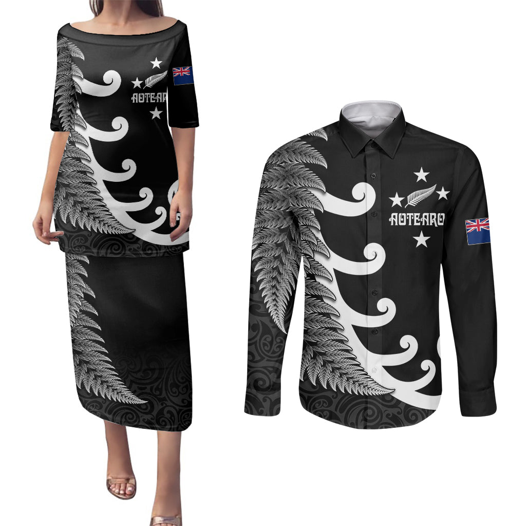 Personalised New Zealand Rugby Couples Matching Puletasi Dress and Long Sleeve Button Shirts Aotearoa Silver Fern Koru Maori Style LT7 Black - Polynesian Pride