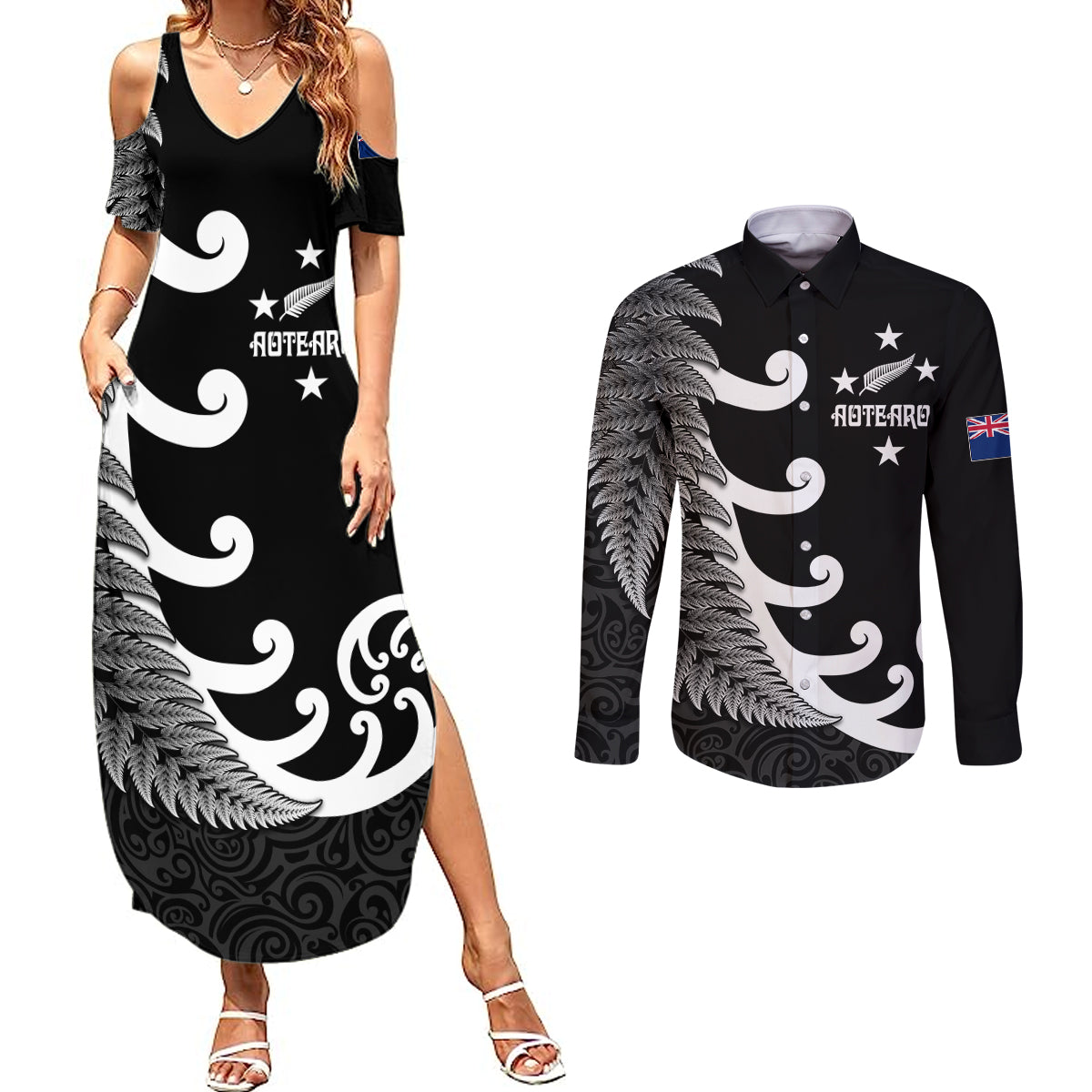 Personalised New Zealand Rugby Couples Matching Summer Maxi Dress and Long Sleeve Button Shirts Aotearoa Silver Fern Koru Maori Style LT7 Black - Polynesian Pride