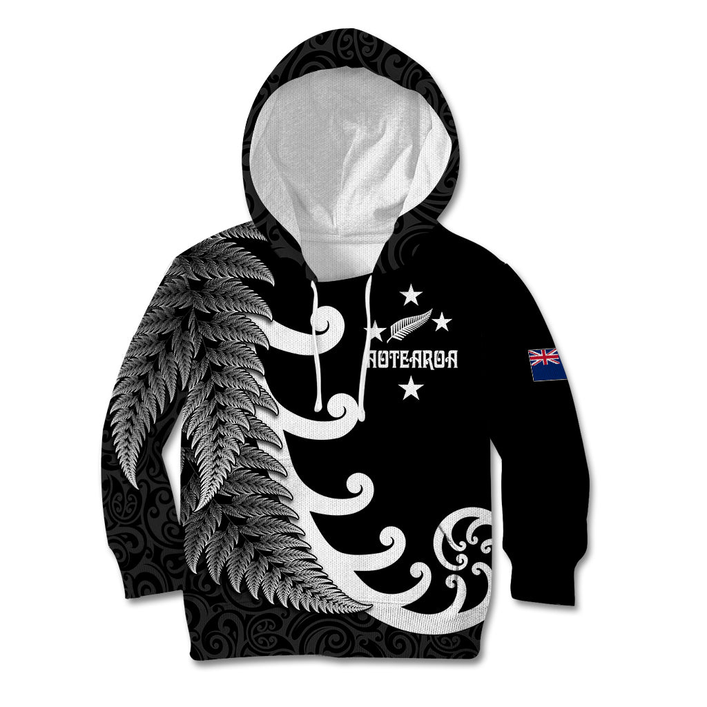 Personalised New Zealand Rugby Kid Hoodie Aotearoa Silver Fern Koru Maori Style LT7 Hoodie Black - Polynesian Pride