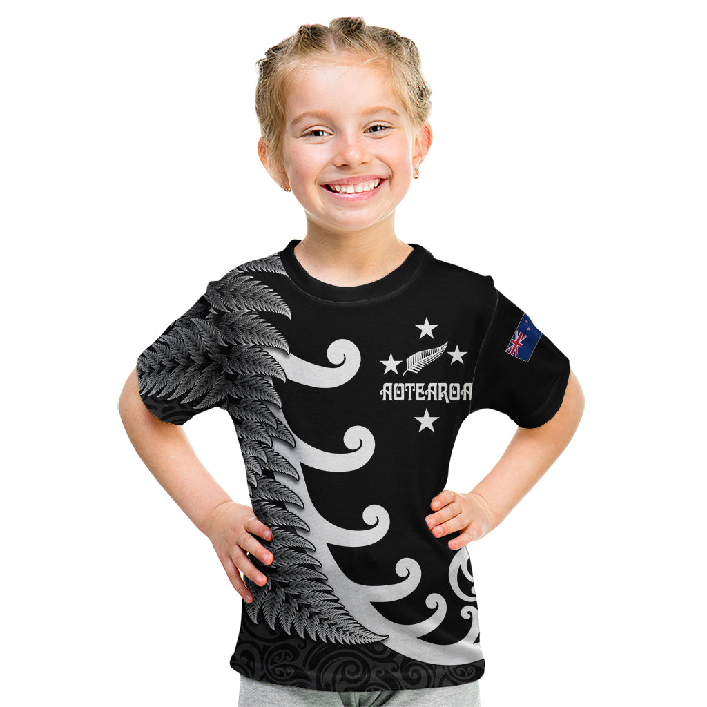 Personalised New Zealand Rugby Kid T Shirt Aotearoa Silver Fern Koru Maori Style LT7 Black - Polynesian Pride