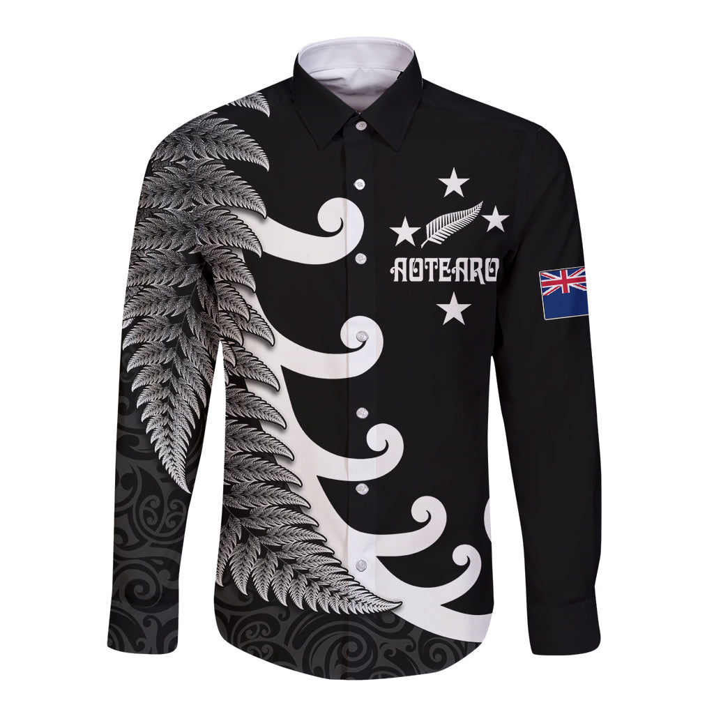 Personalised New Zealand Rugby Long Sleeve Button Shirt Aotearoa Silver Fern Koru Maori Style LT7 Unisex Black - Polynesian Pride