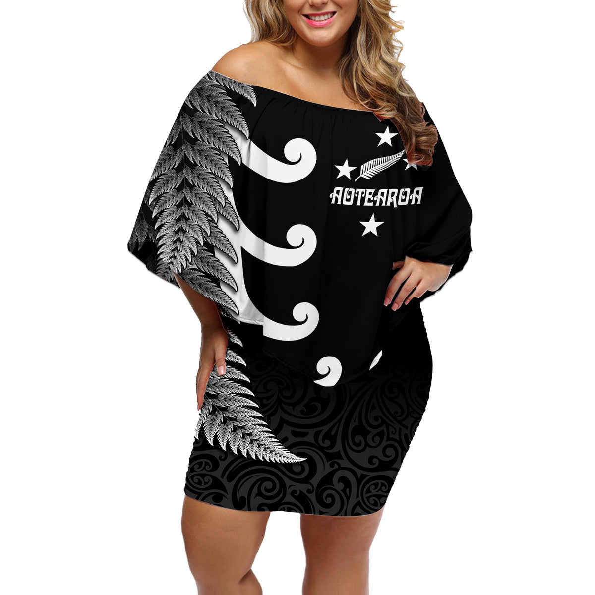 Personalised New Zealand Rugby Off Shoulder Short Dress Aotearoa Silver Fern Koru Maori Style LT7 Women Black - Polynesian Pride