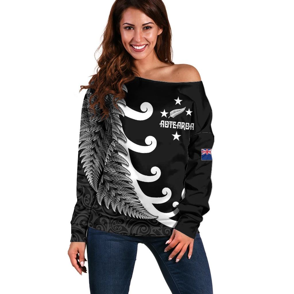 Personalised New Zealand Rugby Off Shoulder Sweater Aotearoa Silver Fern Koru Maori Style LT7 Women Black - Polynesian Pride