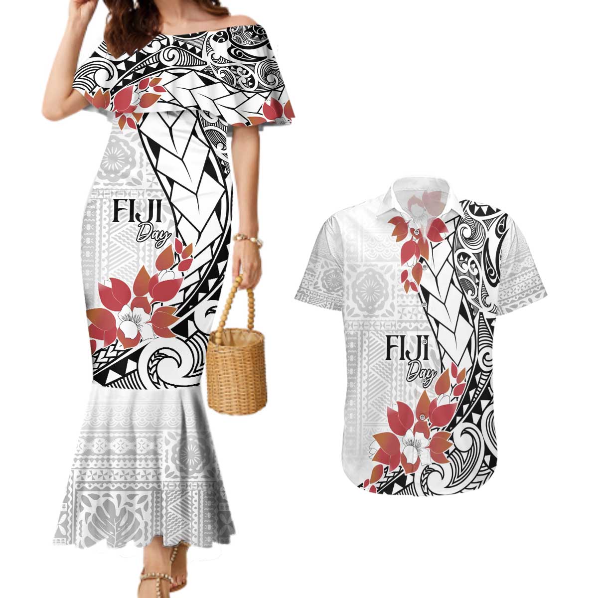 Bula Fiji Day Couples Matching Mermaid Dress and Hawaiian Shirt Tagimaucia on Masi Pattern