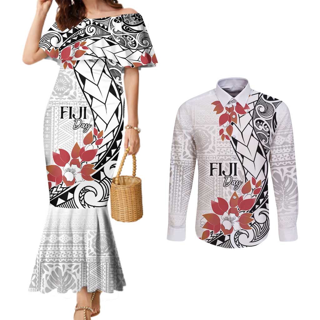 Bula Fiji Day Couples Matching Mermaid Dress and Long Sleeve Button Shirt Tagimaucia on Masi Pattern