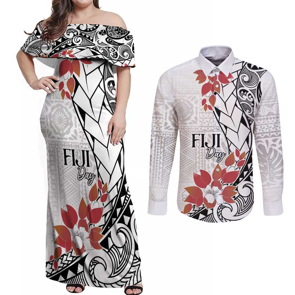 Bula Fiji Day Couples Matching Off Shoulder Maxi Dress and Long Sleeve Button Shirt Tagimaucia on Masi Pattern