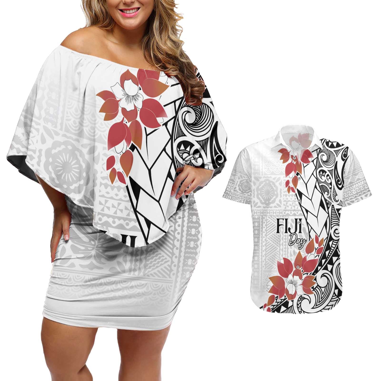 Bula Fiji Day Couples Matching Off Shoulder Short Dress and Hawaiian Shirt Tagimaucia on Masi Pattern