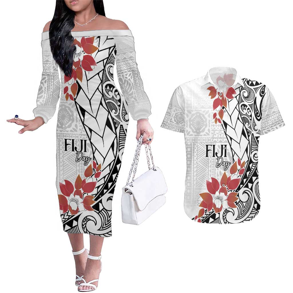 Bula Fiji Day Couples Matching Off The Shoulder Long Sleeve Dress and Hawaiian Shirt Tagimaucia on Masi Pattern