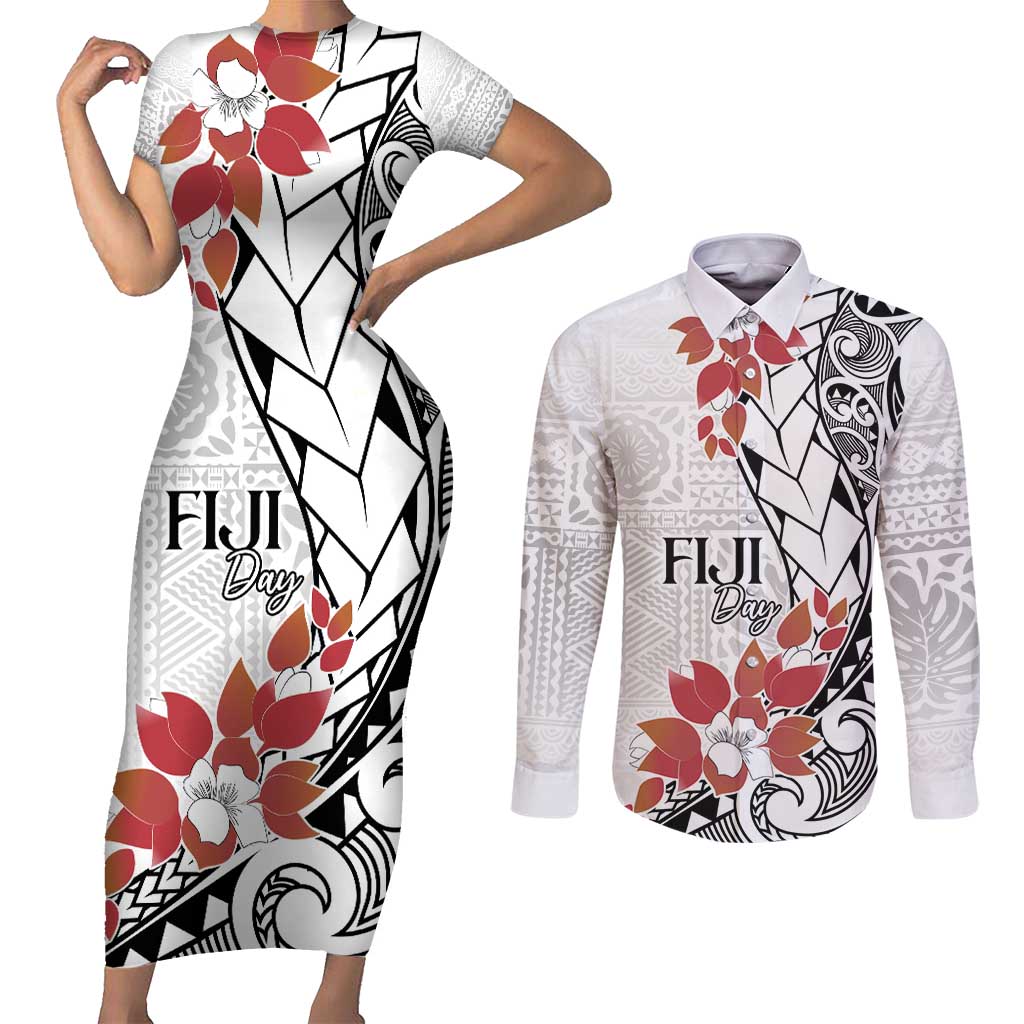 Bula Fiji Day Couples Matching Short Sleeve Bodycon Dress and Long Sleeve Button Shirt Tagimaucia on Masi Pattern