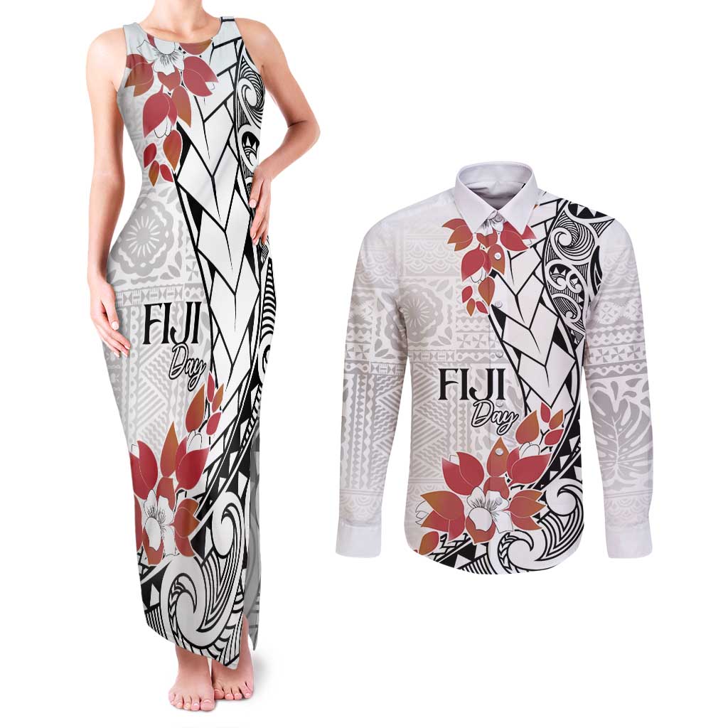 Bula Fiji Day Couples Matching Tank Maxi Dress and Long Sleeve Button Shirt Tagimaucia on Masi Pattern