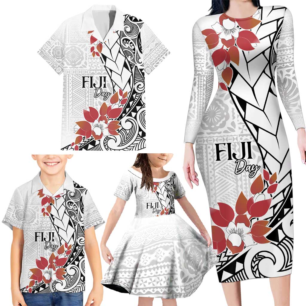 Bula Fiji Day Family Matching Long Sleeve Bodycon Dress and Hawaiian Shirt Tagimaucia on Masi Pattern