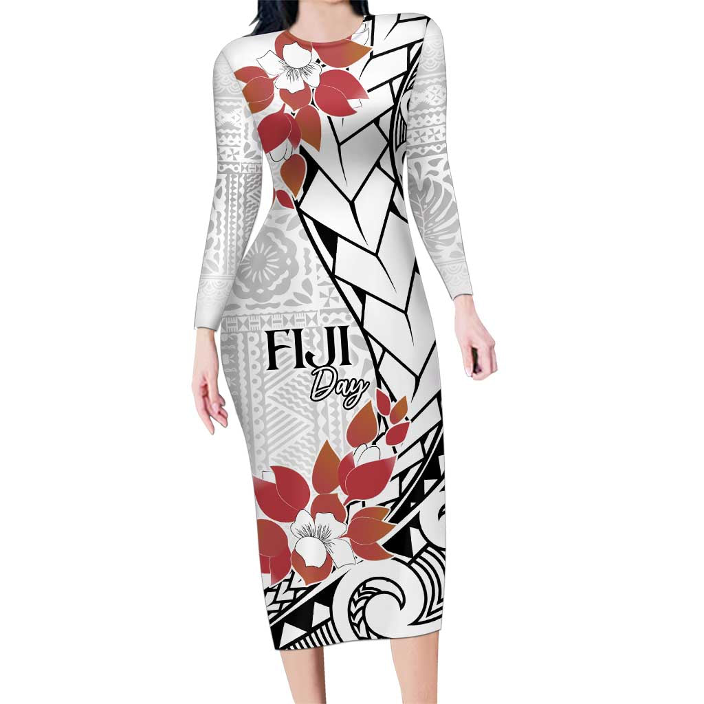 Bula Fiji Day Family Matching Long Sleeve Bodycon Dress and Hawaiian Shirt Tagimaucia on Masi Pattern