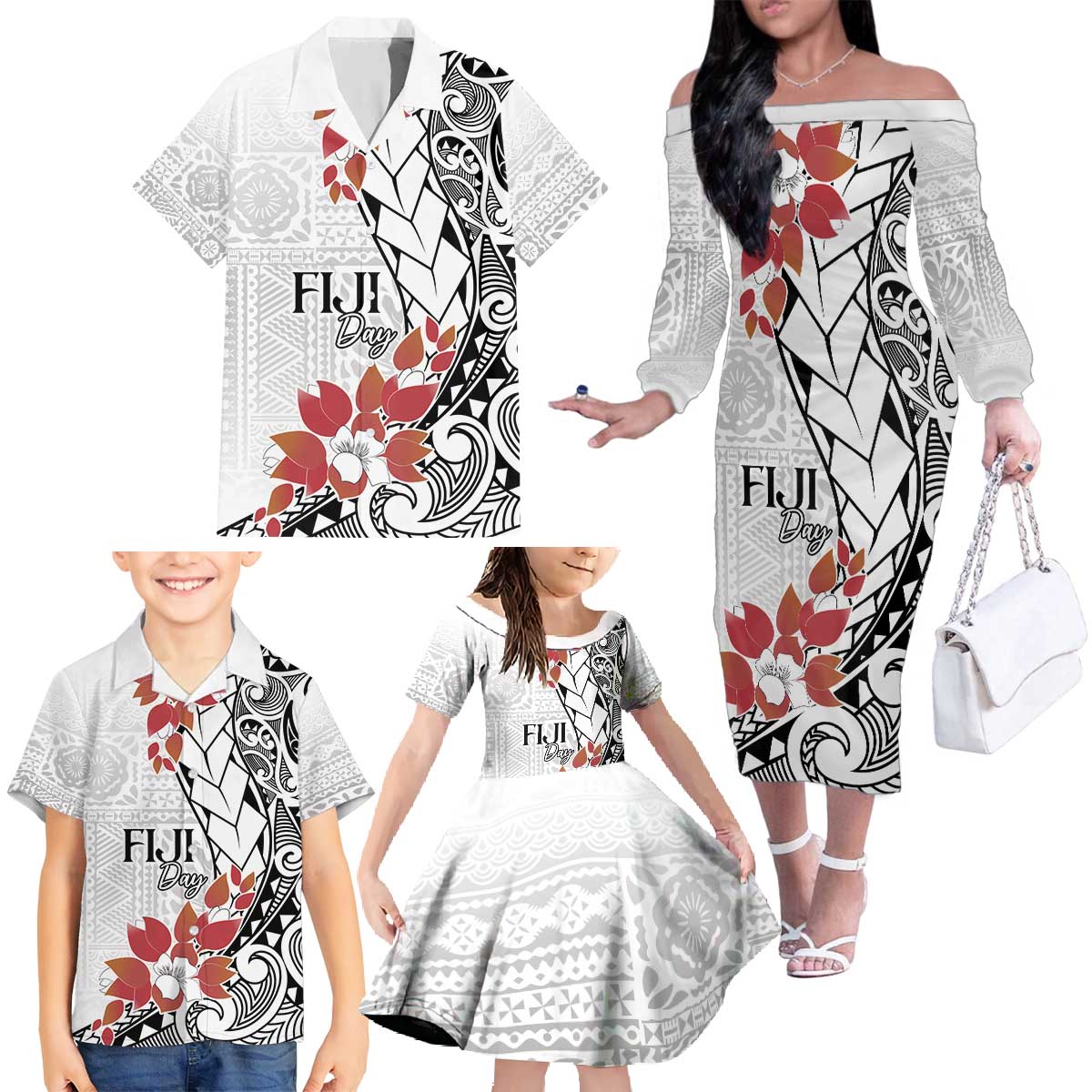 Bula Fiji Day Family Matching Off The Shoulder Long Sleeve Dress and Hawaiian Shirt Tagimaucia on Masi Pattern