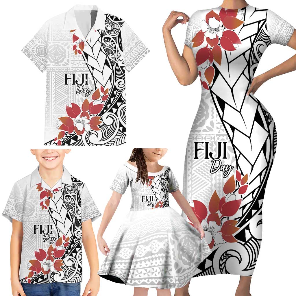 Bula Fiji Day Family Matching Short Sleeve Bodycon Dress and Hawaiian Shirt Tagimaucia on Masi Pattern