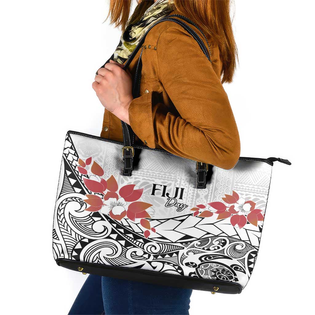 Bula Fiji Day Leather Tote Bag Tagimaucia on Masi Pattern