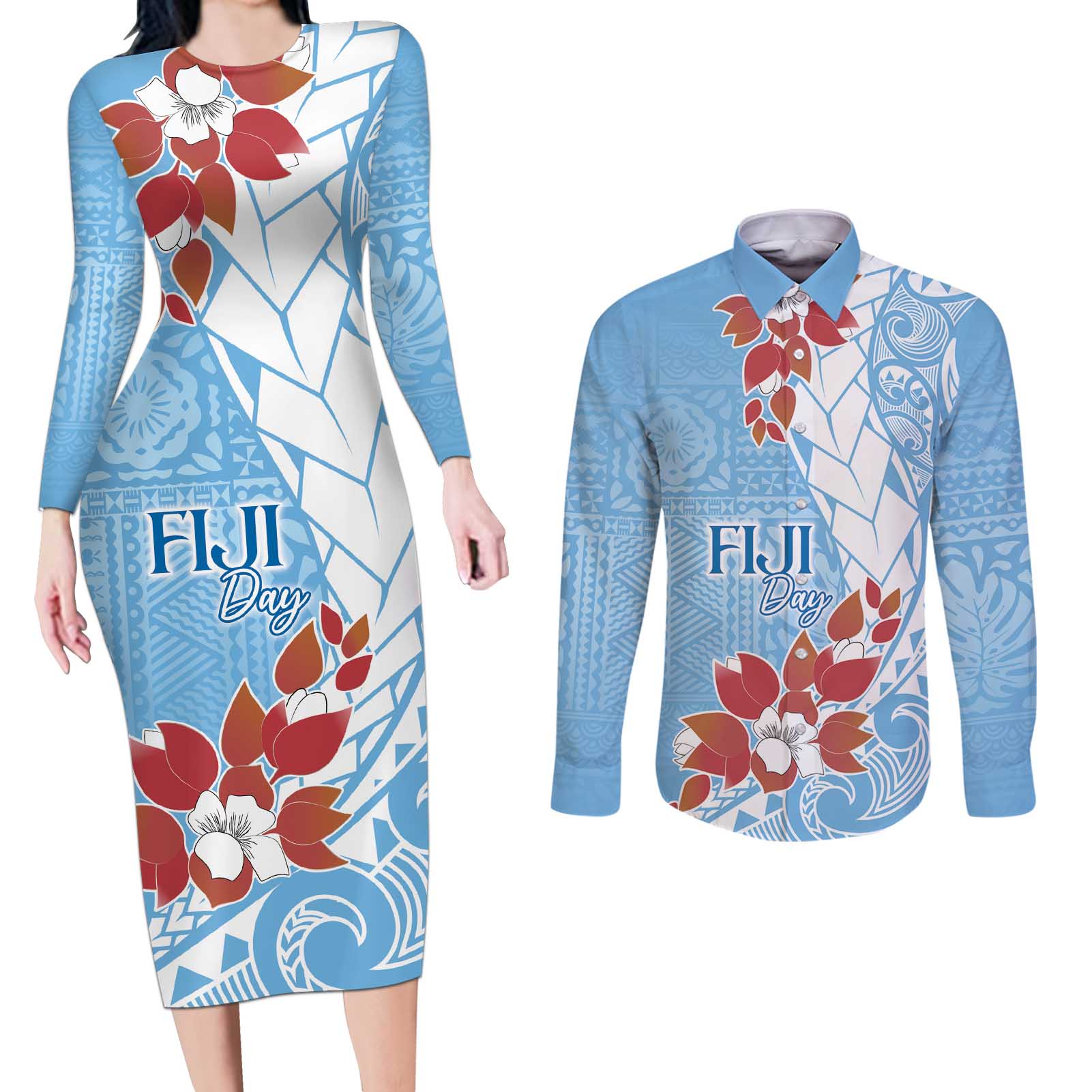 Bula Fiji Day Couples Matching Long Sleeve Bodycon Dress and Long Sleeve Button Shirt Tagimaucia on Masi Pattern - Turquoise