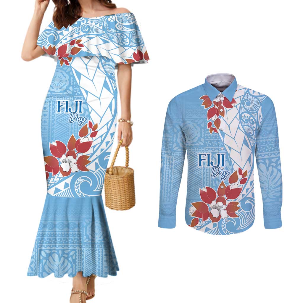 Bula Fiji Day Couples Matching Mermaid Dress and Long Sleeve Button Shirt Tagimaucia on Masi Pattern - Turquoise