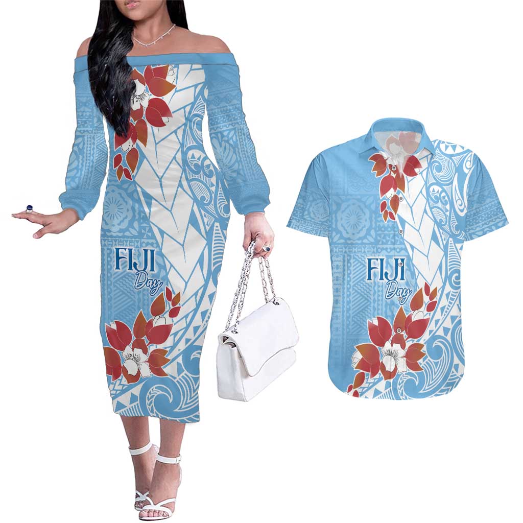 Bula Fiji Day Couples Matching Off The Shoulder Long Sleeve Dress and Hawaiian Shirt Tagimaucia on Masi Pattern - Turquoise