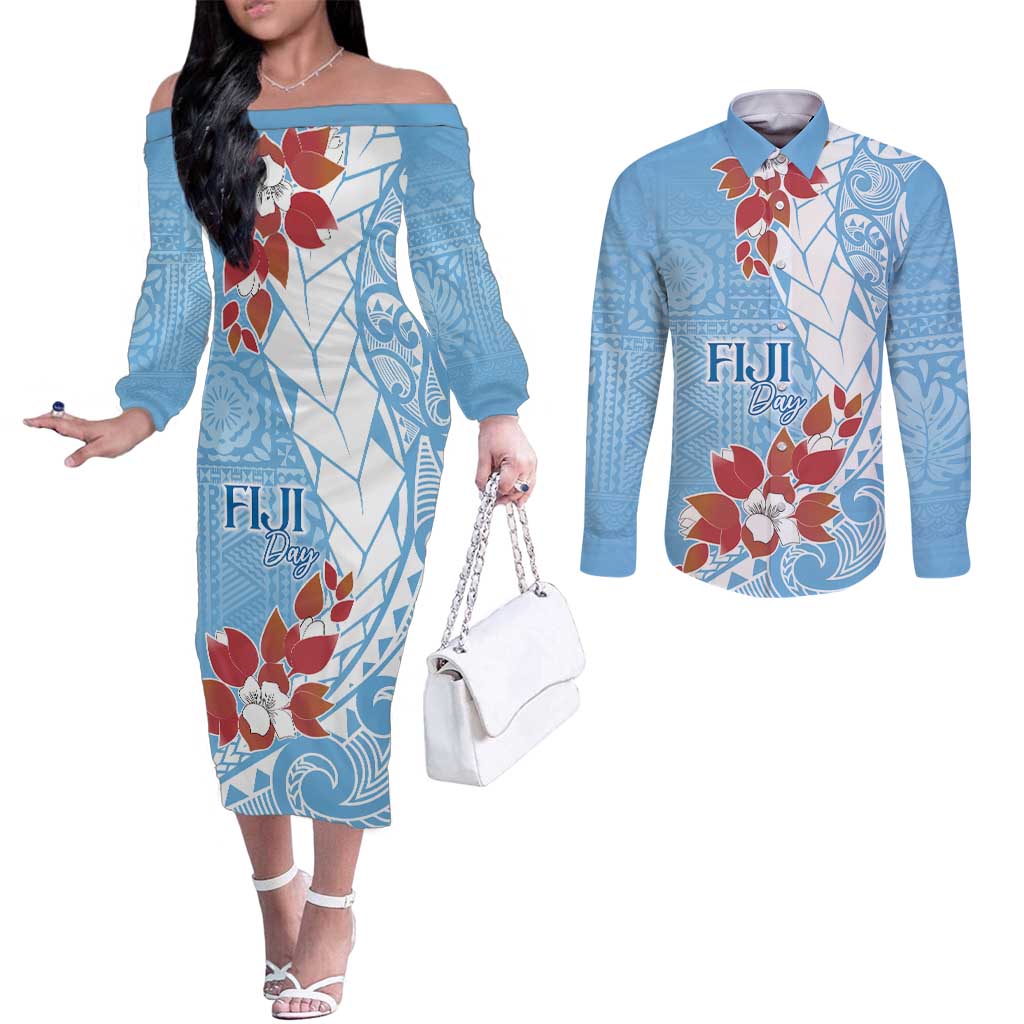 Bula Fiji Day Couples Matching Off The Shoulder Long Sleeve Dress and Long Sleeve Button Shirt Tagimaucia on Masi Pattern - Turquoise