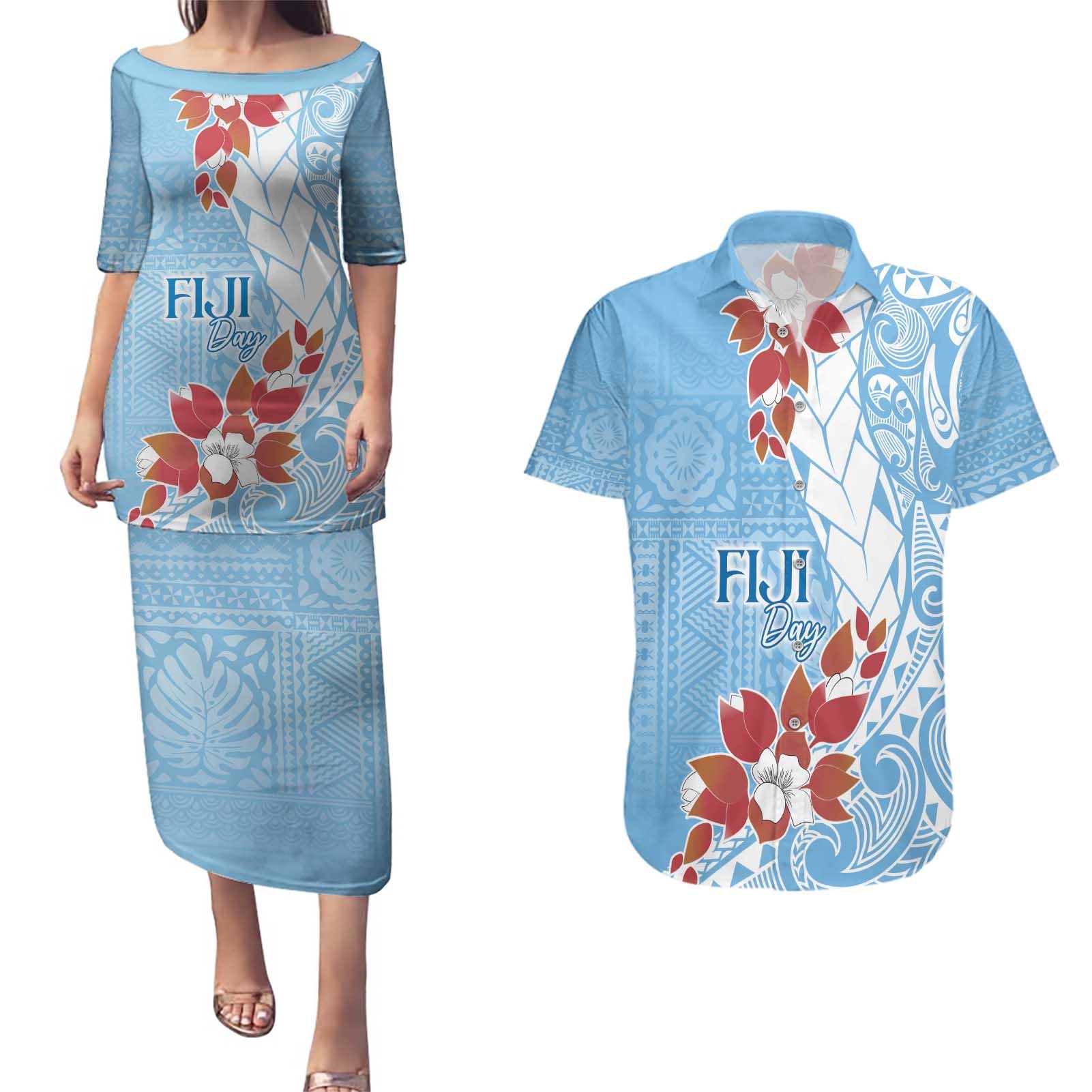 Bula Fiji Day Couples Matching Puletasi and Hawaiian Shirt Tagimaucia on Masi Pattern - Turquoise