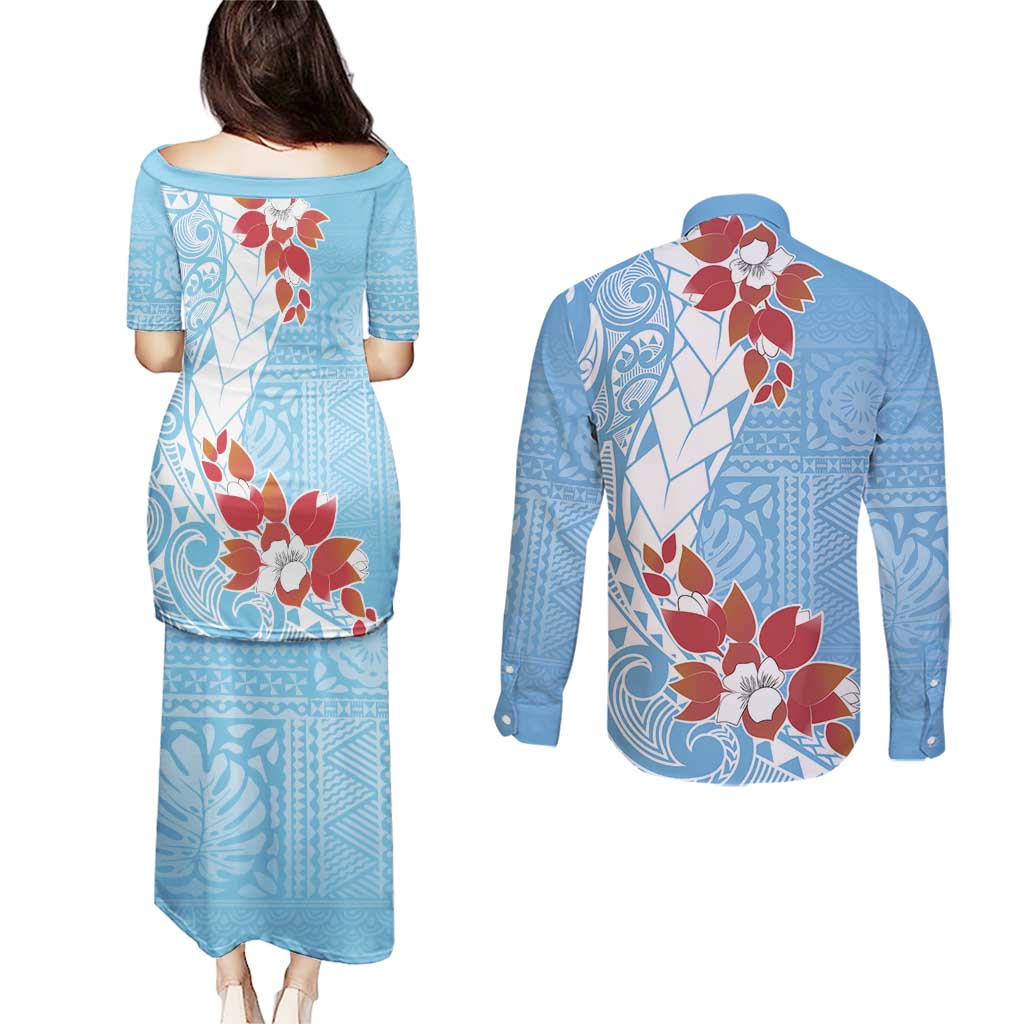 Bula Fiji Day Couples Matching Puletasi and Long Sleeve Button Shirt Tagimaucia on Masi Pattern - Turquoise