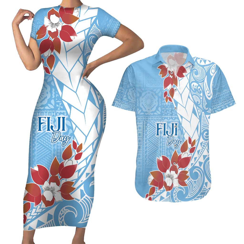 Bula Fiji Day Couples Matching Short Sleeve Bodycon Dress and Hawaiian Shirt Tagimaucia on Masi Pattern - Turquoise